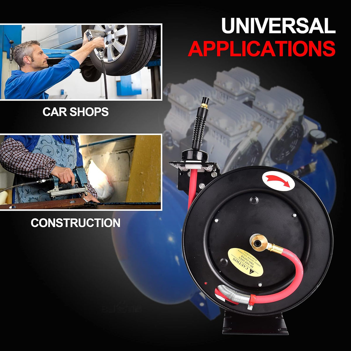 Retractable 3/8 in x 25 ft Air Hose Reel, Wall Mount, 300 PSI Hybrid Hose, Pack of 2 T13611