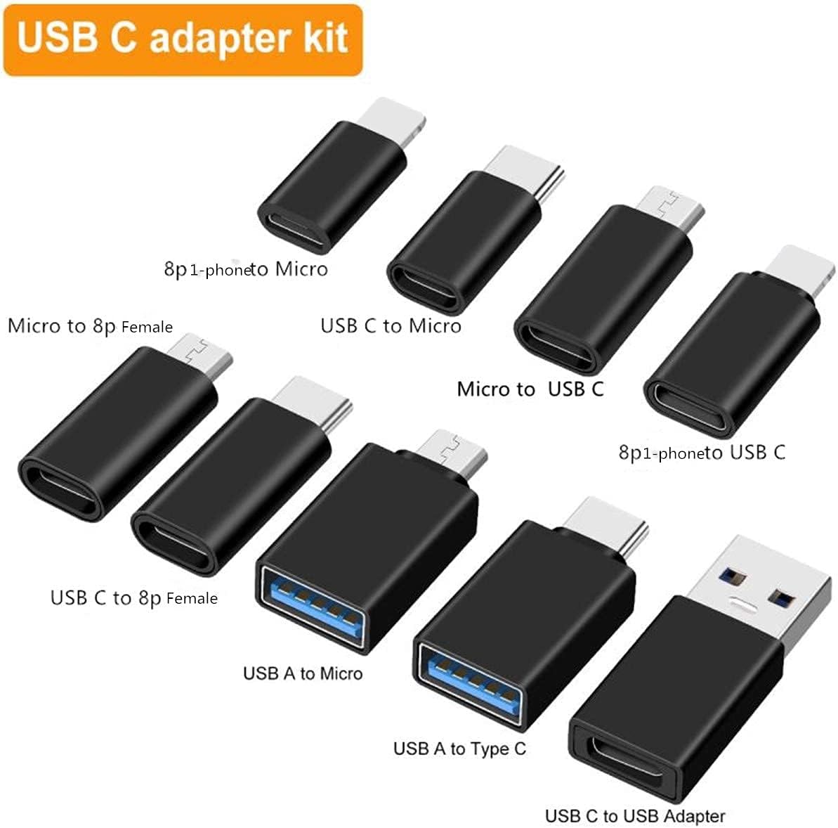10 Piece Type C Adapter Kit with Foam Insert Travel Case Z115737