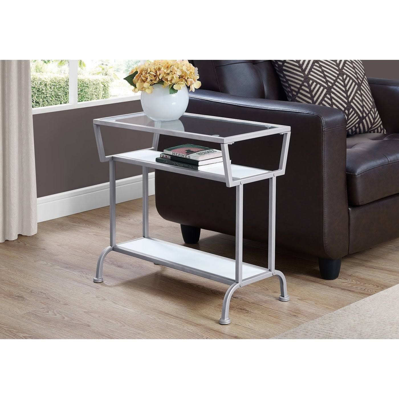 White Silver Metal Accent Table with Tempered Glass P174207