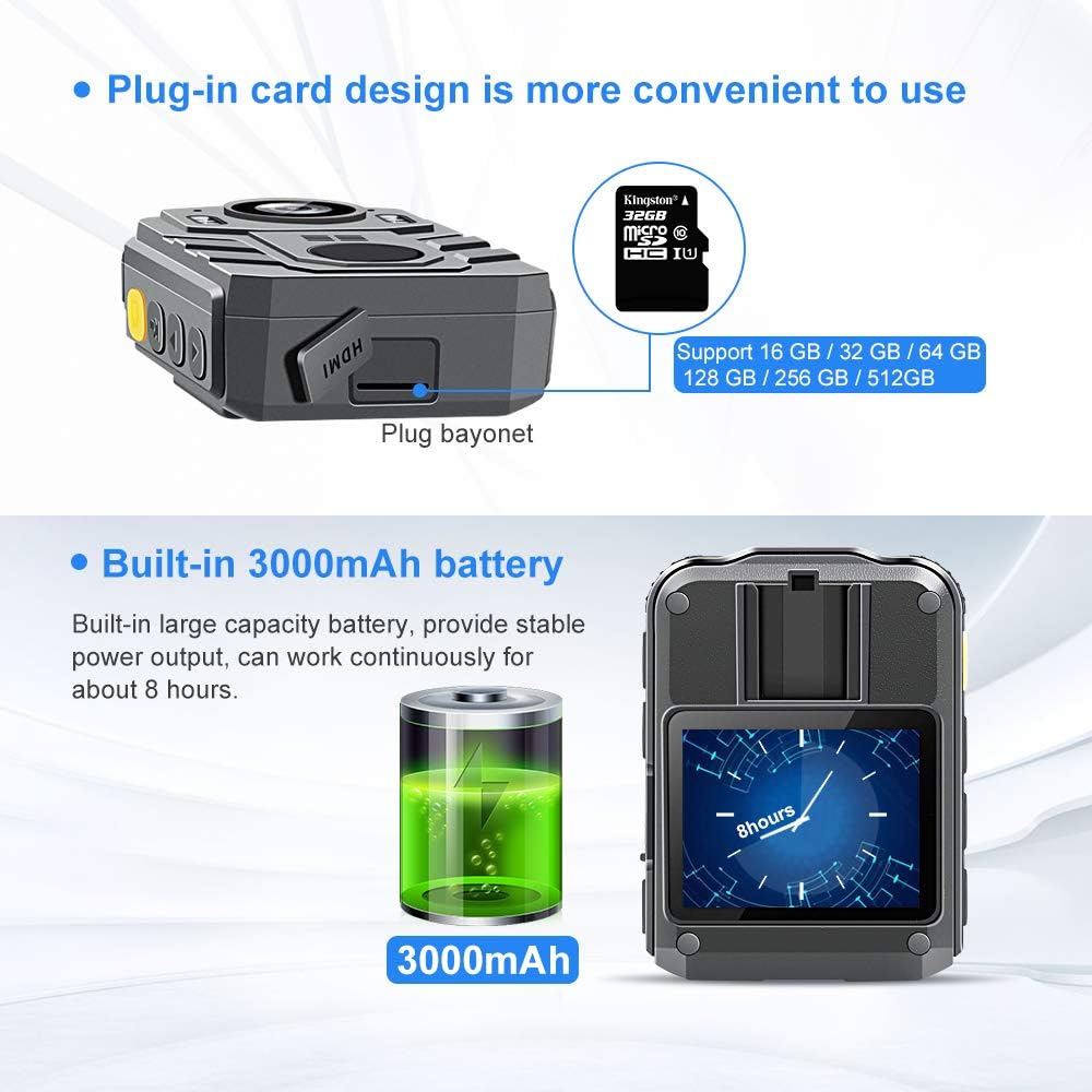 1296P HD Waterproof Body Camera with 2 Inch Display, IR Night Vision, 64GB Memory R8656