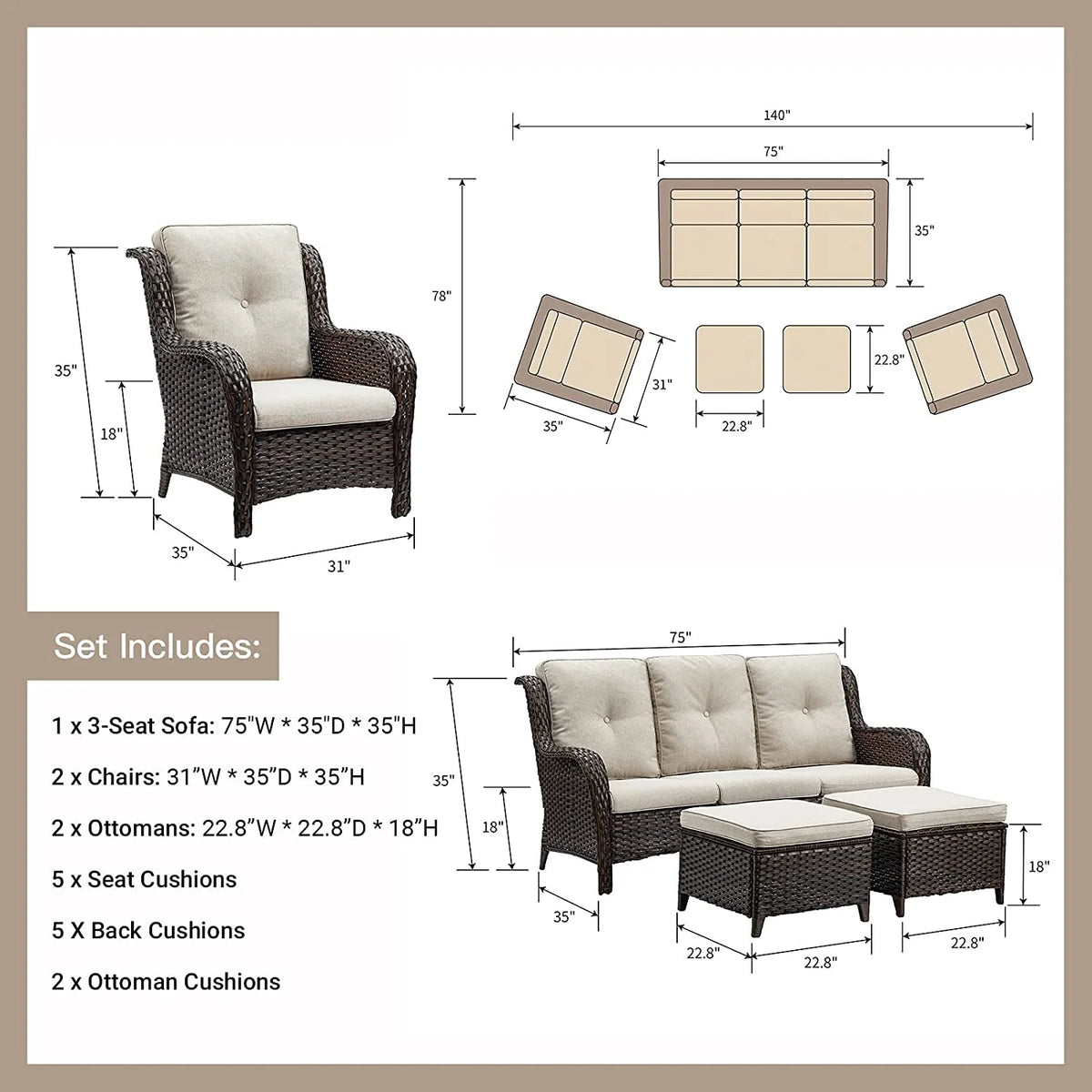 5 PC Brown/Beige Rattan Wicker Sectional Sofa Set Q204