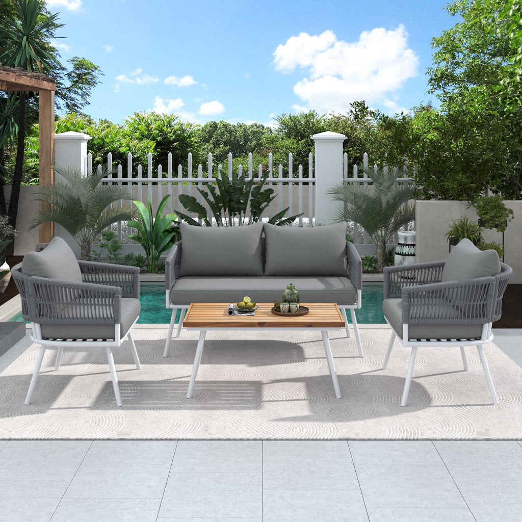 4 Piece Patio Conversation Set with Acacia Wood Table, Gray W588194